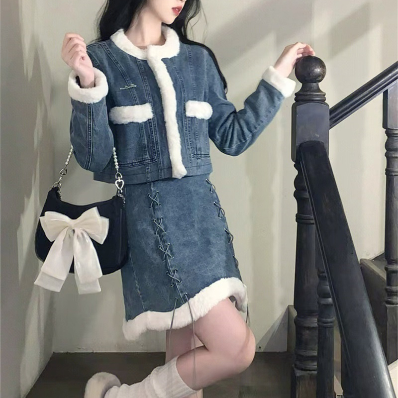 小兔子乖乖兔毛拼接牛仔外套半裙