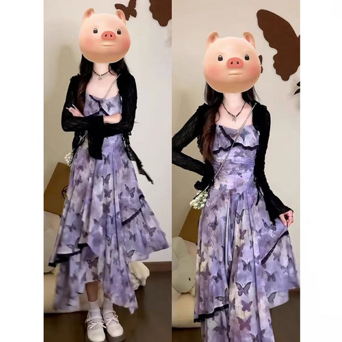 纯欲辣妹早秋紫色蝴蝶吊带裙穿搭