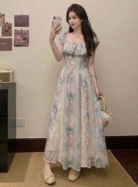 缤纷盛夏绝美蕾丝油画碎花仙女裙