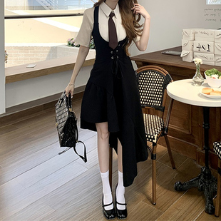 大码胖mm美式学院风短袖衬衫不规则背带连衣裙女夏辣妹jk制服套装