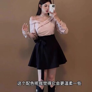 大码 胖mm千金假两件v领斜肩撞色系带收腰连衣裙女秋冬显瘦中长裙