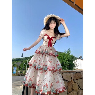 胖mm甜美田园风蝴蝶结碎花收腰蛋糕连衣裙女夏显瘦公主蓬蓬裙 大码