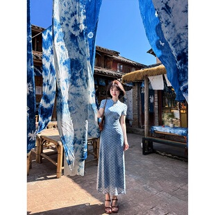 大码 国风复古蓝色波点收腰连衣裙女春夏显瘦旗袍长裙子 胖mm新中式