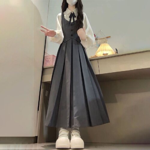 韩漫女高假两件衬衫背心裙两件套