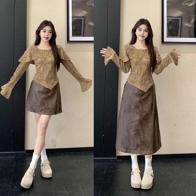 美拉德韩系咖色毛衣打底衫半身裙