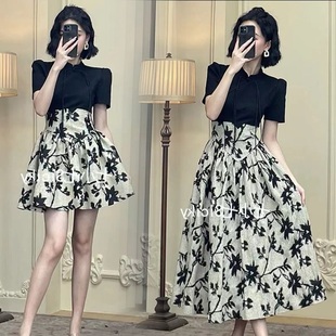 大码胖mm高级感新中式碎花拼接收腰连衣裙女春夏显瘦改良中长裙子