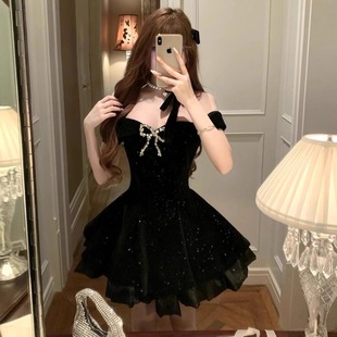 大码 千金风高级感细闪蝴蝶结黑色蓬蓬裙女显瘦生日礼服裙 胖mm法式