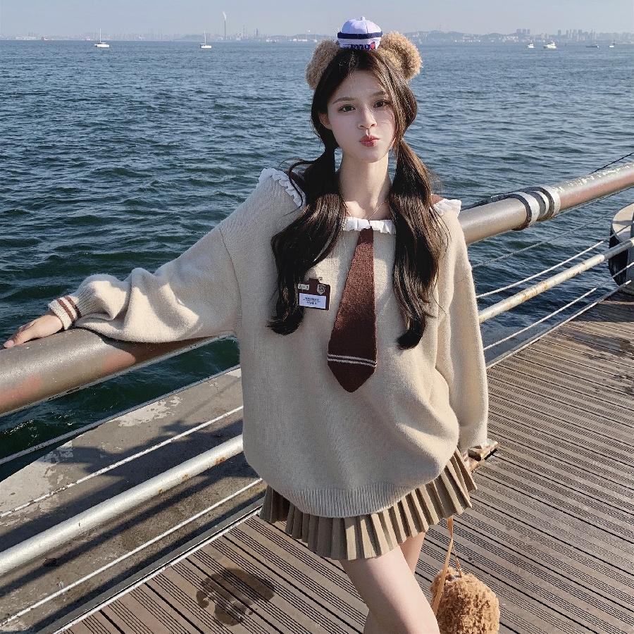 韩系学院风甜妹兔耳朵海军领毛衣