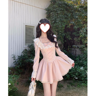 大码胖mm法式甜美蕾丝拼接蝴蝶结收腰粉色连衣裙女秋冬显瘦公主裙