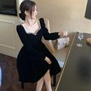 大码 胖mm赫本风高级感镶钻收腰丝绒连衣裙女秋冬气质生日礼服裙子