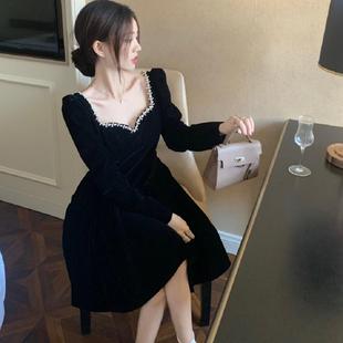 大码 胖mm赫本风高级感镶钻收腰丝绒连衣裙女秋冬气质生日礼服裙子