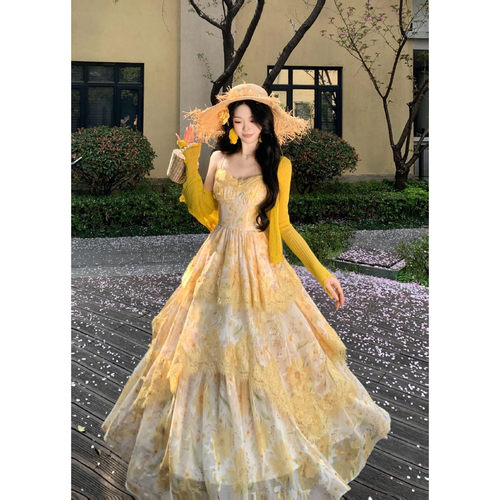 柑橘汽泡纯欲温柔黄色碎花仙女裙