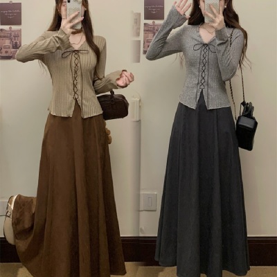韩系复古温柔风针织衫半身裙套装