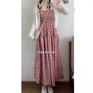 大码胖mm纯欲复古系带收腰格子吊带连衣裙女辣妹显瘦中长款抹胸裙
