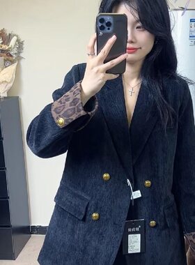 韩系复古高级感豹纹拼接西装外套