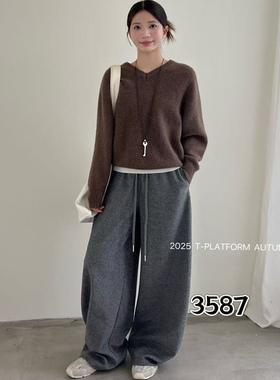 T-PLATFORM3587冬款新品简洁宽松时尚百搭女士加绒加厚阔腿裤