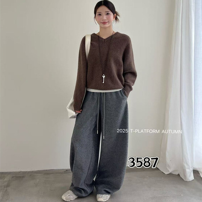 T-PLATFORM3587冬款新品简洁宽松时尚百搭女士加绒加厚阔腿裤