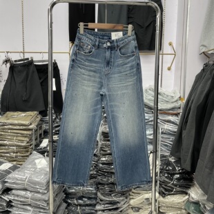 安绮斯58831秋款新品简洁时尚宽松高腰九分牛仔阔腿裤