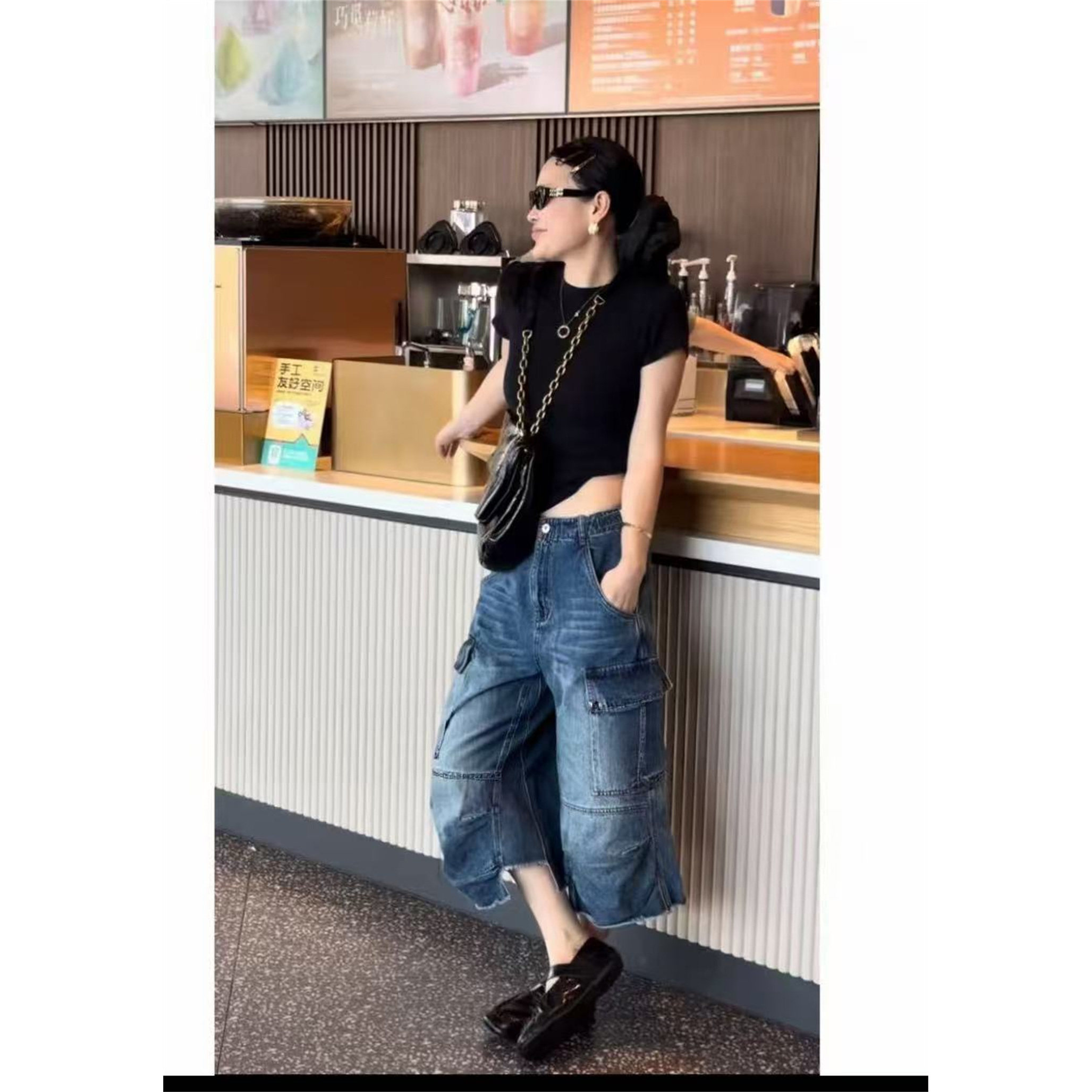 索玛拉68325夏款新品简洁时尚百搭高腰显瘦女款五分牛仔工装裤