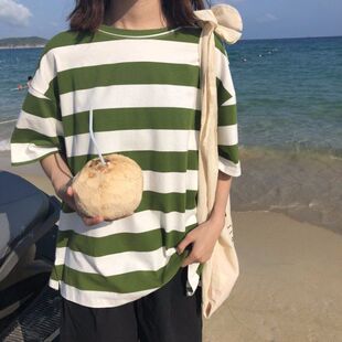 2022韩版夏季原宿风宽松百搭圆领短袖条纹套头打底衫上衣T恤女潮