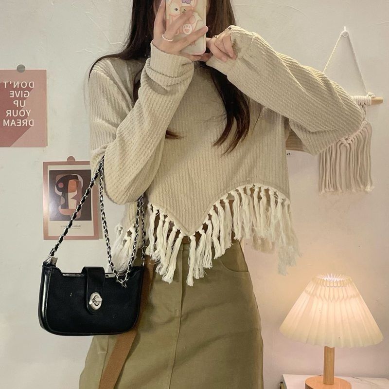 秋季穿搭长袖针织衫女2022新款流苏小众毛衣高级感短款学生上衣潮