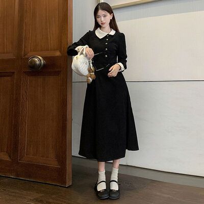小香赫本风黑色长袖连衣裙子女秋冬季2024新款高级感法式气质长裙