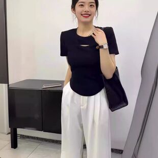 黑色镂空正肩短袖t恤女2024夏季新款不规则设计感小众短款学生上