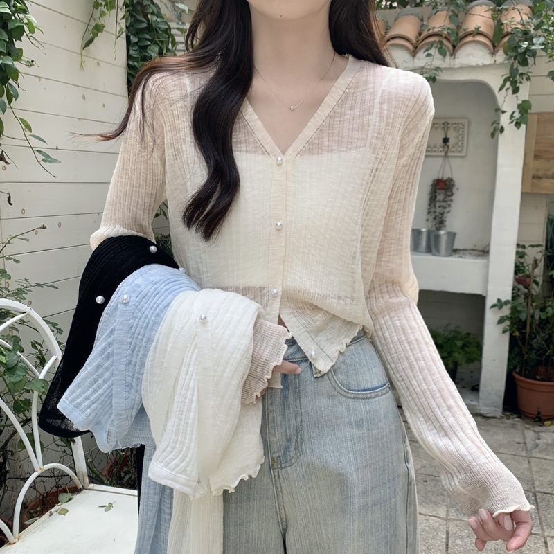 2023夏季防晒衣开衫女薄款宽松木耳边外搭披肩短款学生针织冰丝衫