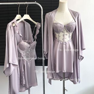 刺绣吊带睡裙25新款轻奢珍珠链睡衣带钢圈聚拢带胸垫家居服套装