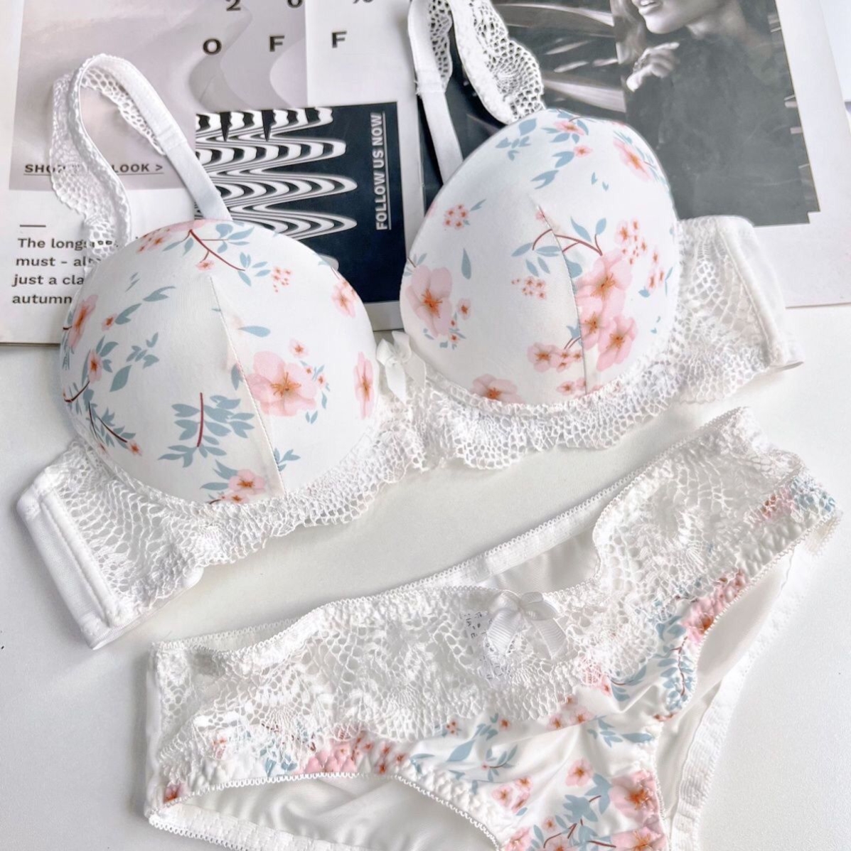新款甜美碎花印花聚拢内衣女套装薄款胖mm软钢圈防下垂上托文胸罩