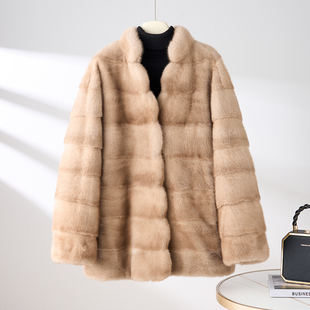 进口水貂皮草外套女整貂立领横排水貂皮大衣女整貂外套冬
