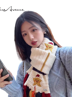 Bure Avenue氛围感五角星雪人笑脸针织围巾女圣诞节保暖围脖流苏