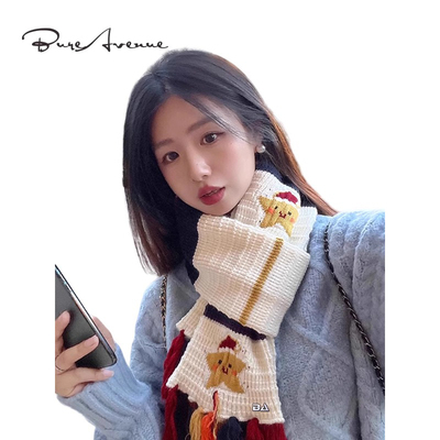 Bure Avenue氛围感五角星雪人笑脸针织围巾女圣诞节保暖围脖流苏