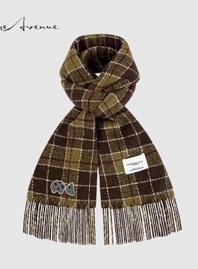 正品Bure Avenue断头熊仿羊绒格子流苏围巾女冬保暖百搭气质围脖