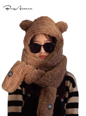 【正品现货】Bure Avenue小熊帽子围巾一体秋冬可爱保暖针织帽女