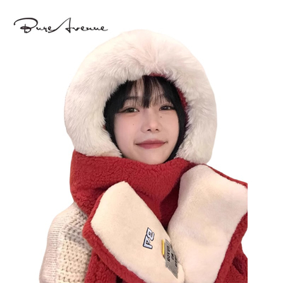 正品Bure Avenue红色帽子围巾一体冬季可爱毛绒保暖护耳围脖手套