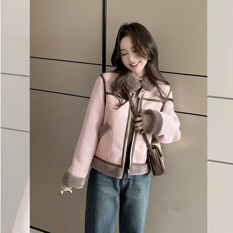 皮毛一体羊羔毛外套女冬季新款小个子仿鹿皮绒加厚保暖机车服上衣