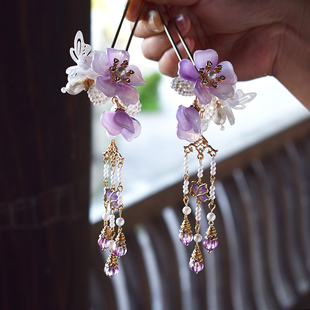 帝慕卿春日紫色渐变樱花琉璃发钗清新汉服发簪长流苏步摇汉服配饰