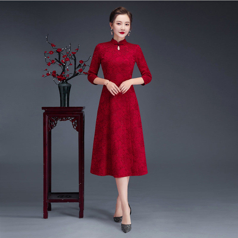 高端婚庆礼喜妈妈婆婆母亲旗袍丈母娘婚礼服高贵秋装改良版连衣裙