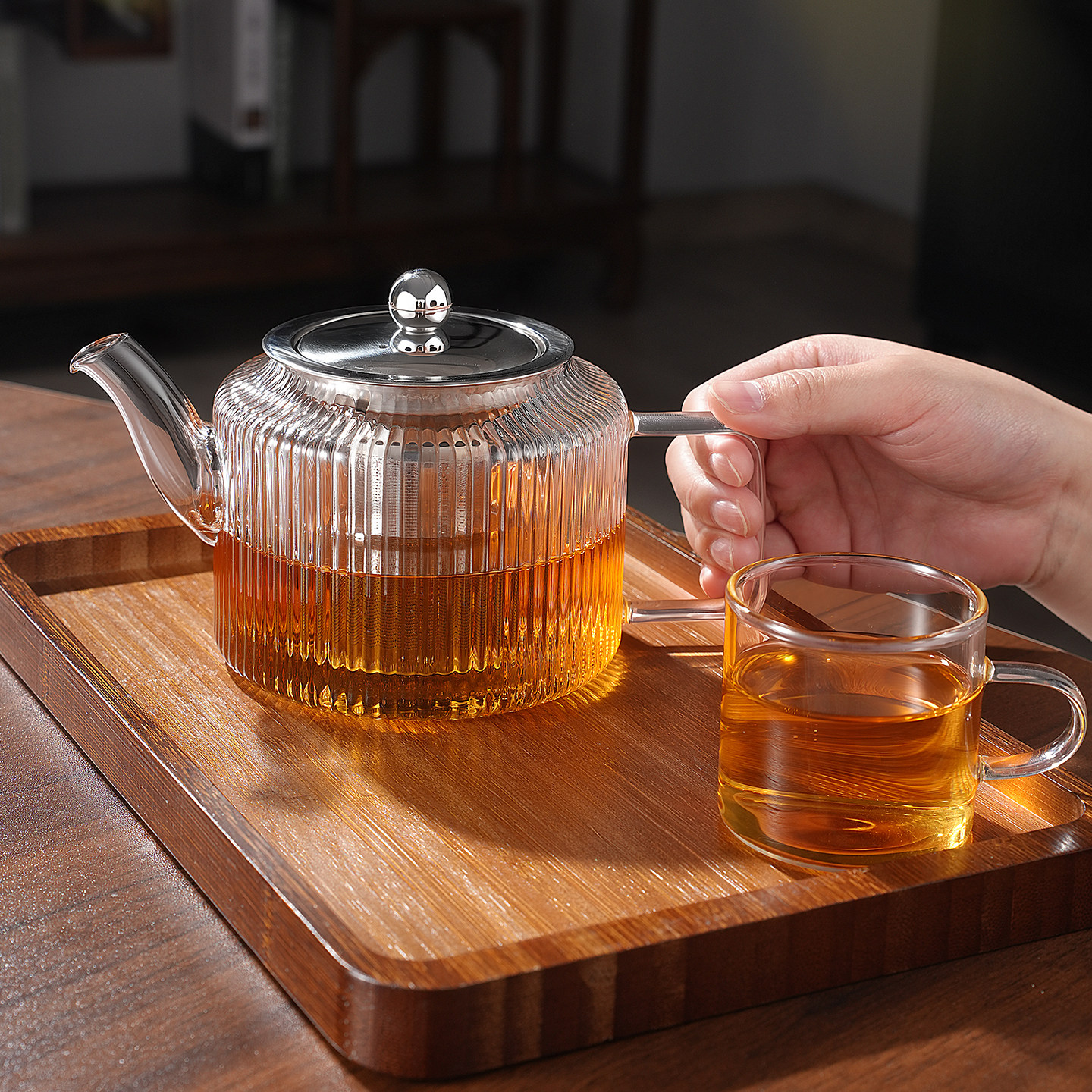 2025新款玻璃茶壶泡茶家用条纹壶耐高温茶水分离加厚煮茶具套装