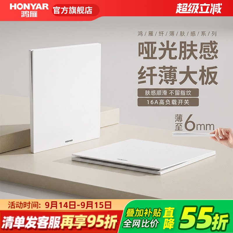 鸿雁超薄开关插座16A面板86型暗装一开五孔10A家用哑光墙壁E9白图片