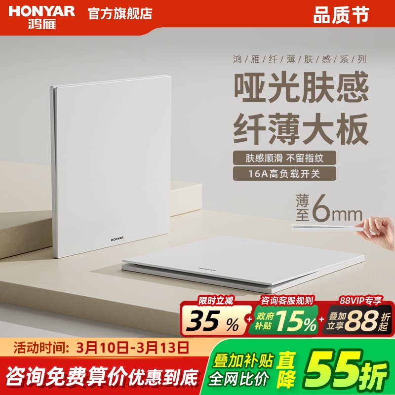 鸿雁超薄开关插座16A面板86型暗装一开五孔10A家用哑光墙壁E9白