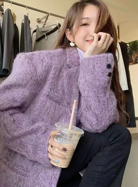 紫色中长款毛呢西装外套女秋季新款小个子高级感气质加厚西服