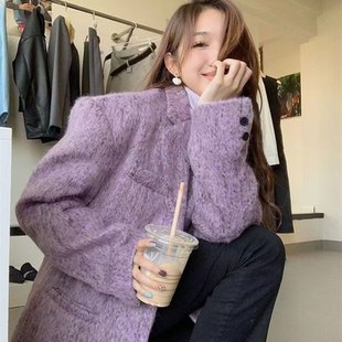 新款 外套女秋季 小个子高级感气质加厚西服 毛呢西装 紫色中长款