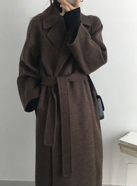 毛呢大衣韩版Chic极简主义温柔西装领宽松系带收腰中长款毛呢外套