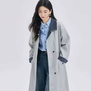 韩系春秋风衣长款外套新款小个子宽松新款撞色休闲中长款外套女