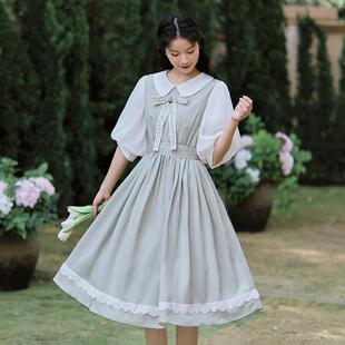 复古文艺森女系娃娃领连衣裙女夏季新款宽松中长款蝴蝶结裙子
