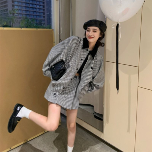 法式气质套装格子撞色廓形外套女春秋A字裙半身裙两件套