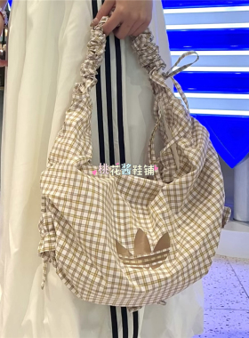 Adidas三叶草26年夏季荷叶边黄色格纹运动休闲单肩包斜挎包KX6986
