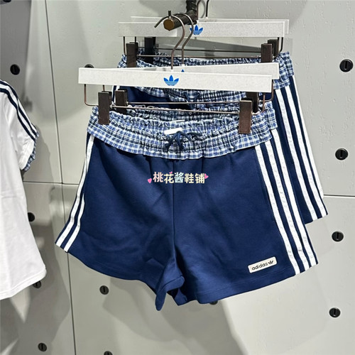 Adidas三叶草26年夏季女子格纹拼接MIU系运动短裤KU9394 KU9395
